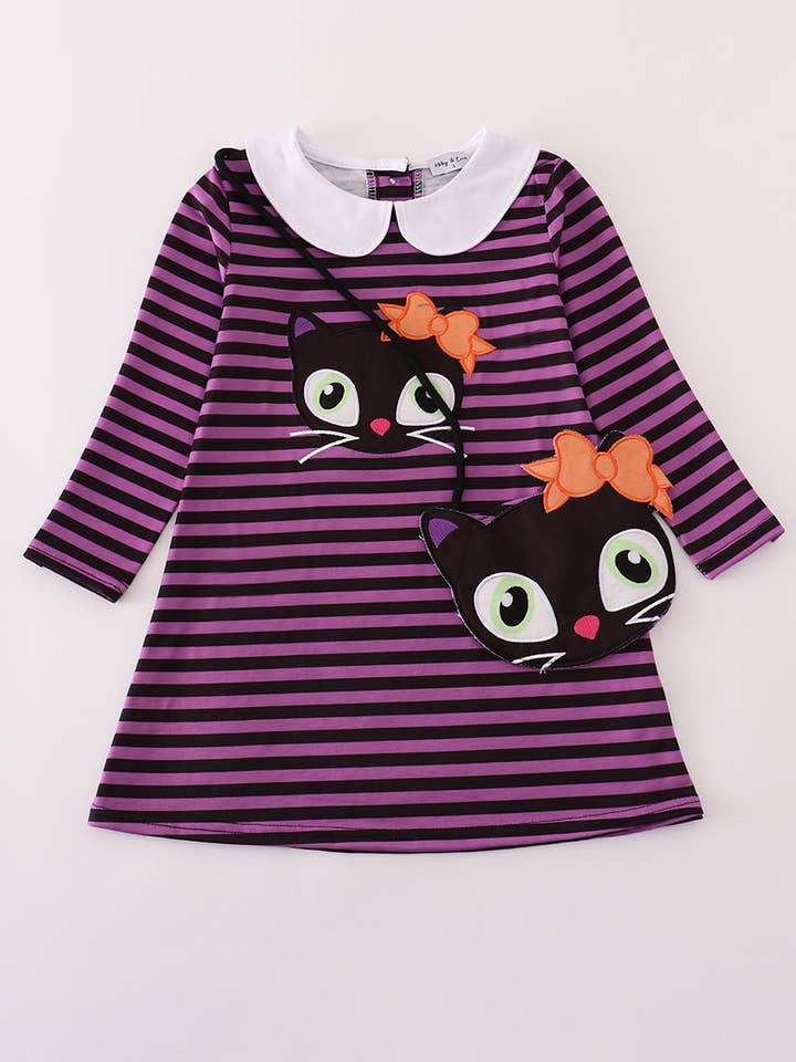 Conjunto de 2 piezas: vestido a rayas con gato morado de Halloween para venta al por mayor de Aspen Rain Boutique