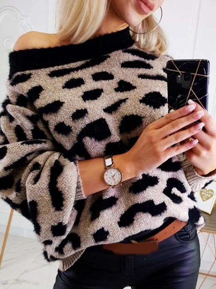 gepard print langærmet strik sweater for engroshandel hos Fashion Combination