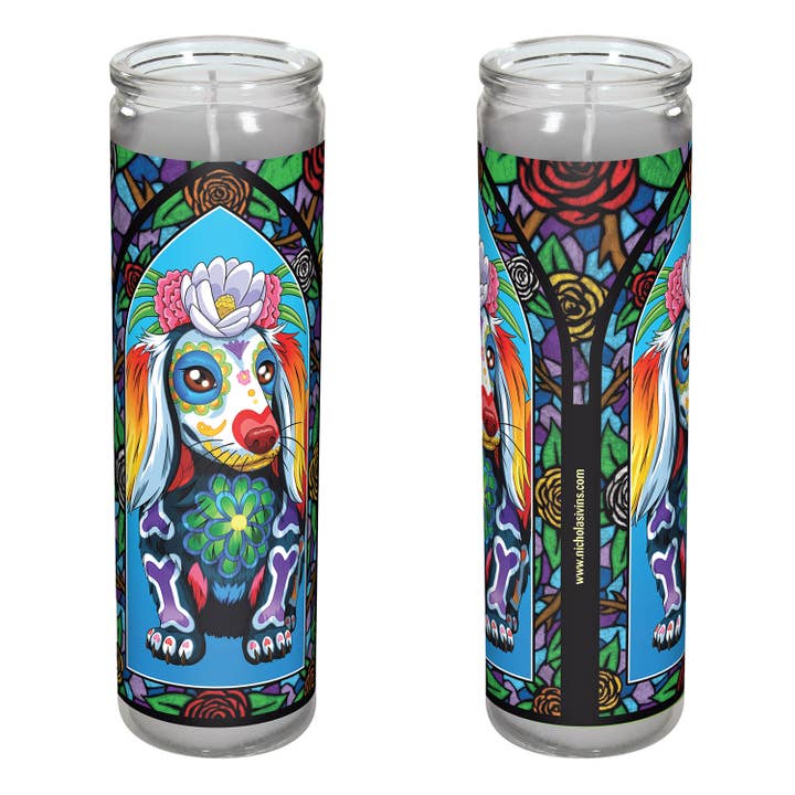 Day of the Dead Dog Long Hair Dachshund Candle - "Bello" for wholesale by Nicholas Ivins Art & Illustration