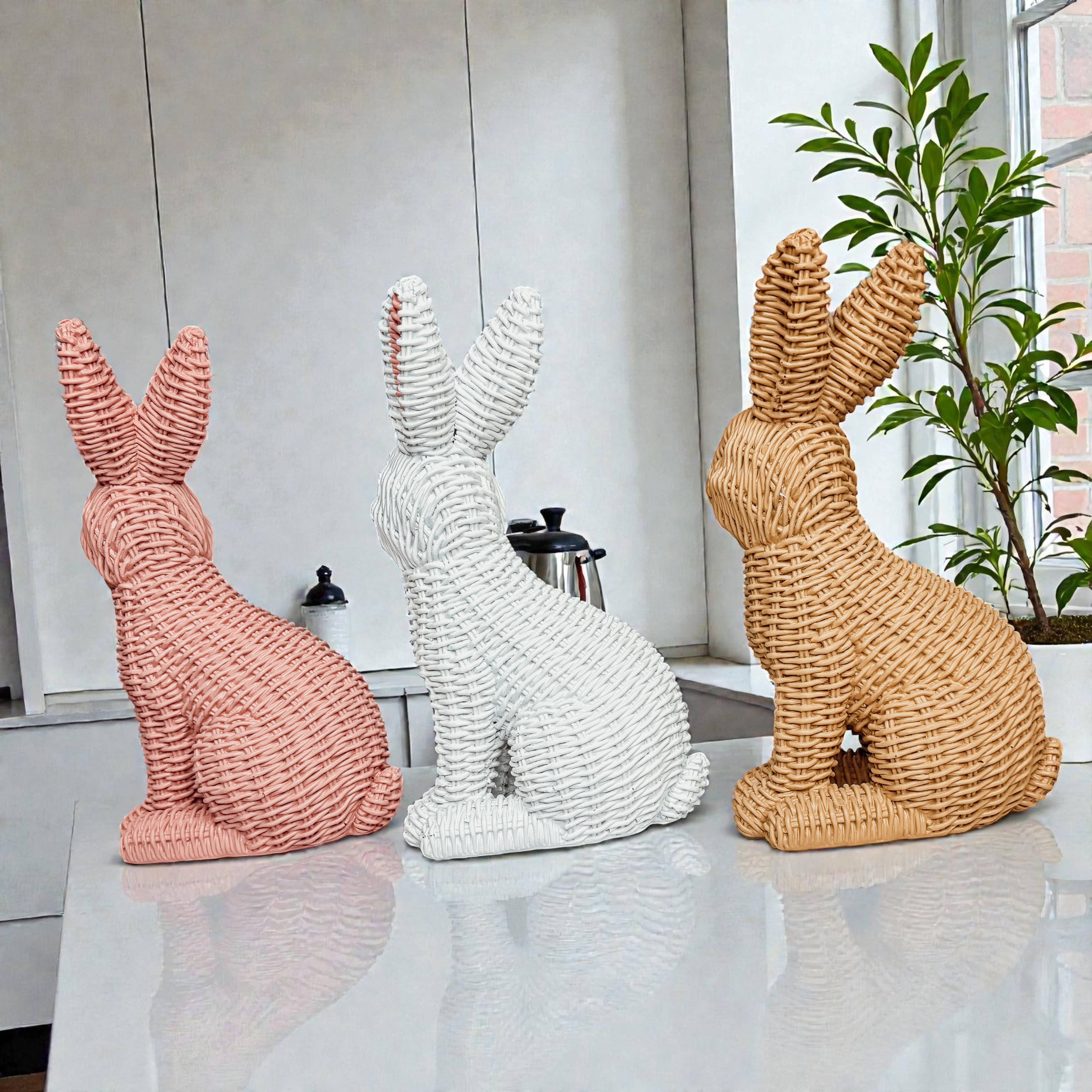 Gia Roma - Wholesale Sculpture - Easter Farmhouse Home Decor, Resin Bunny Figurine Rattan 42