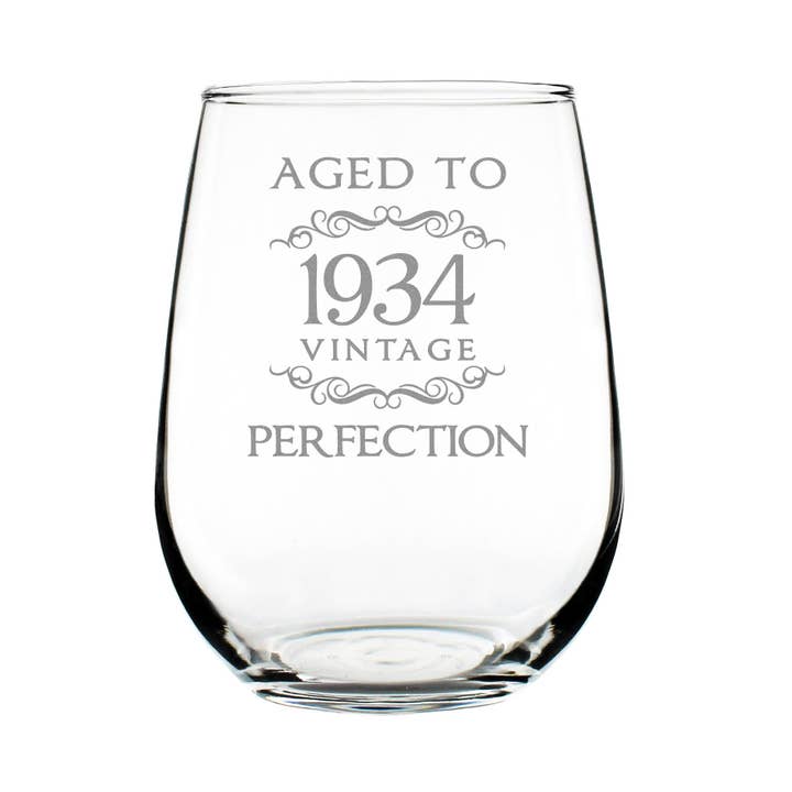 bevvee - Wholesale Wine Glass - Aged to Perfection 34 Stemless Wine Glass 90th Birthday Gift