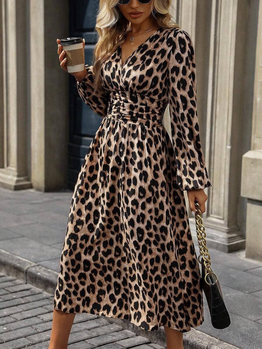 ElevateWell - Wholesale Dress - Women's - Women's long sleeve maxi dress with leopard print and V-neck4