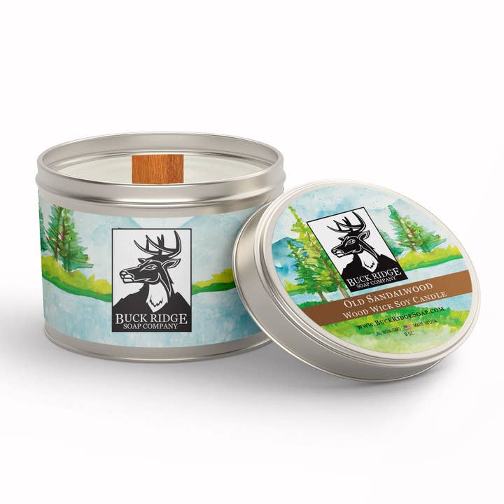 Old Sandalwood Sustainable Wood Wick Soy Candle for wholesale by Buck Ridge Soap Company