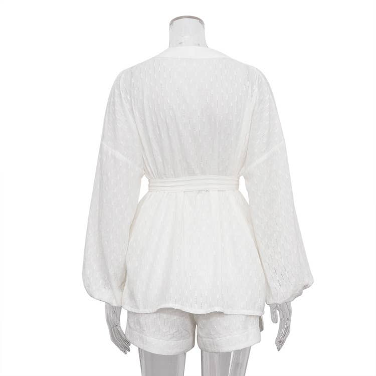 White Jacquard Weave Waisted Kimono Two Piece Set for wholesale on Faire3