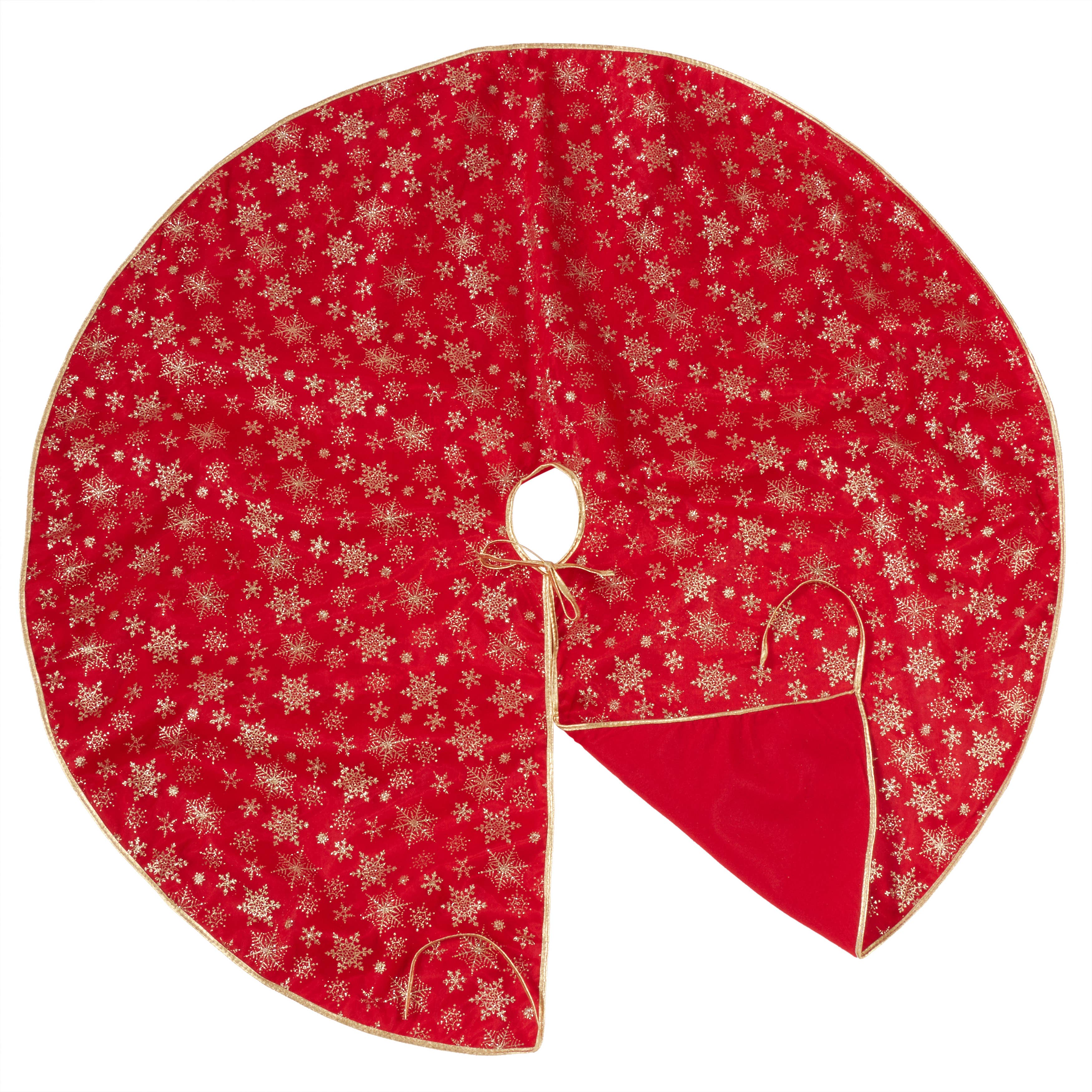 Red Organza Christmas Tree Skirt With Gold Snowflake Design for wholesale on Faire1