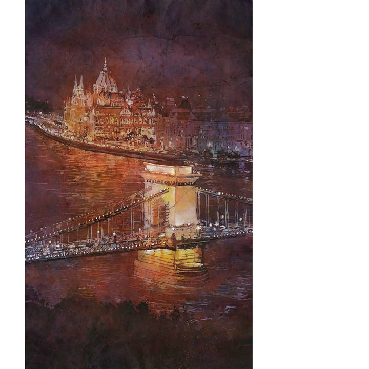 Paysage urbain de Budapest aquarelle Hongrie art pour maison essentiels de voyage décoration intérieure peinture batik (impression) pour la vente par Ryan Fox Fine Art