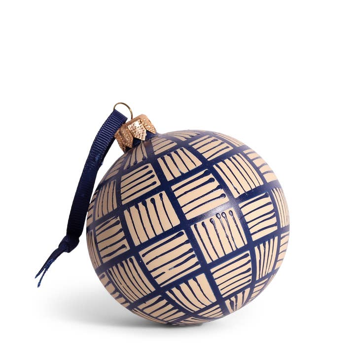 Lines Glass Bauble 8cm, Navy on Taupe for wholesale by studio THIE