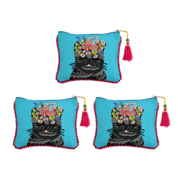 3ABPC501_TLFS - Set/3 BLACK CAT POUCH 6x8" for wholesale by Karma Living