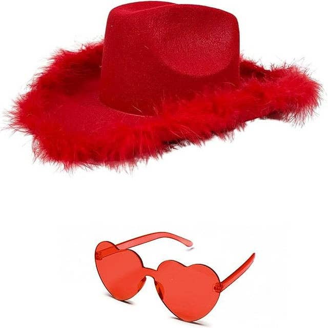 4E's Novelty Red Cowboy Hat with feathers With Heart Shaped Sunglasses for Women, Cowgirl Hat for Women Party Dress Up (Red) for wholesale by 4E's Novelty