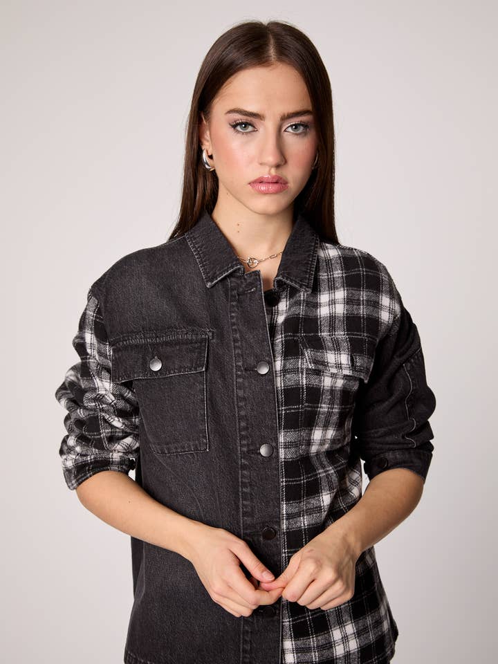 Your Ex BF Plaid & Denim Color Block Shacket for wholesale by Blue Revival