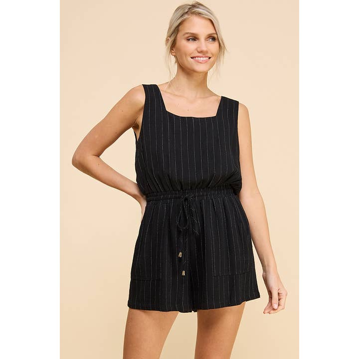 Stripe Linen Blend Square Neck Romper for wholesale by Allie Rose
