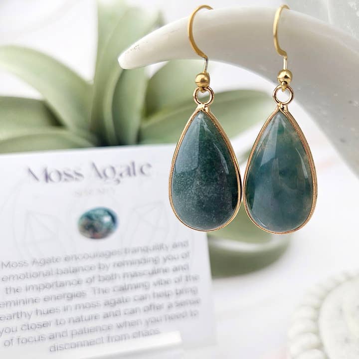 Teardrop Gemstone Earrings - Moss Agate / Serenity for wholesale by WonderLight Jewelry