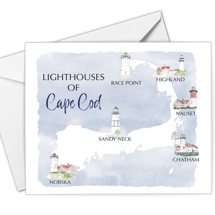 WonderfullyWrittenCo - Vendita all'ingrosso Biglietti di auguri generici - Biglietto di auguri ad acquerello con mappa dei fari di Cape Cod1