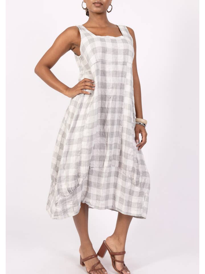 LINEN & COTTON HOUSE - Wholesale Dress β Women's - LINEN DRESS WITH POCKETS, GINGHAM CHECK PATTERN 32221