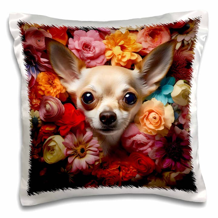 3dRose, Chihuahua med blommig bakgrund, Kuddfodral för wholesale av 3dRose