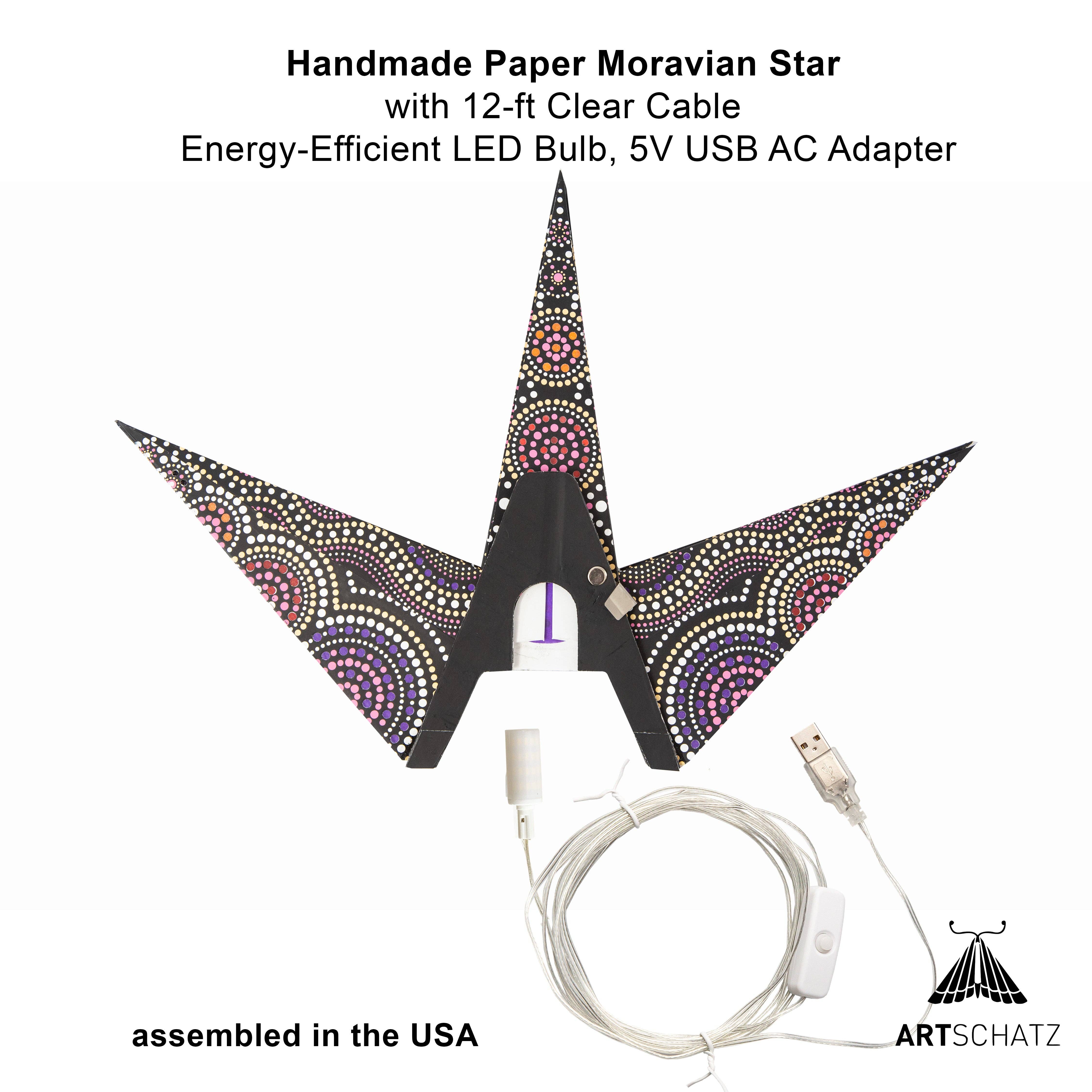 Artschatz LLC – wholesale Paper lantern/lamp – Kaleidoscope Moravian Star 24" black with yellow / orange and orange / red / purple tissue2