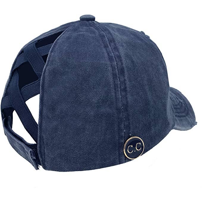 Funky Junque – Engroshandel Kasket med hul til hestehale - Dame – Criss Cross Hestehale Cap m/Knapper (Navy)