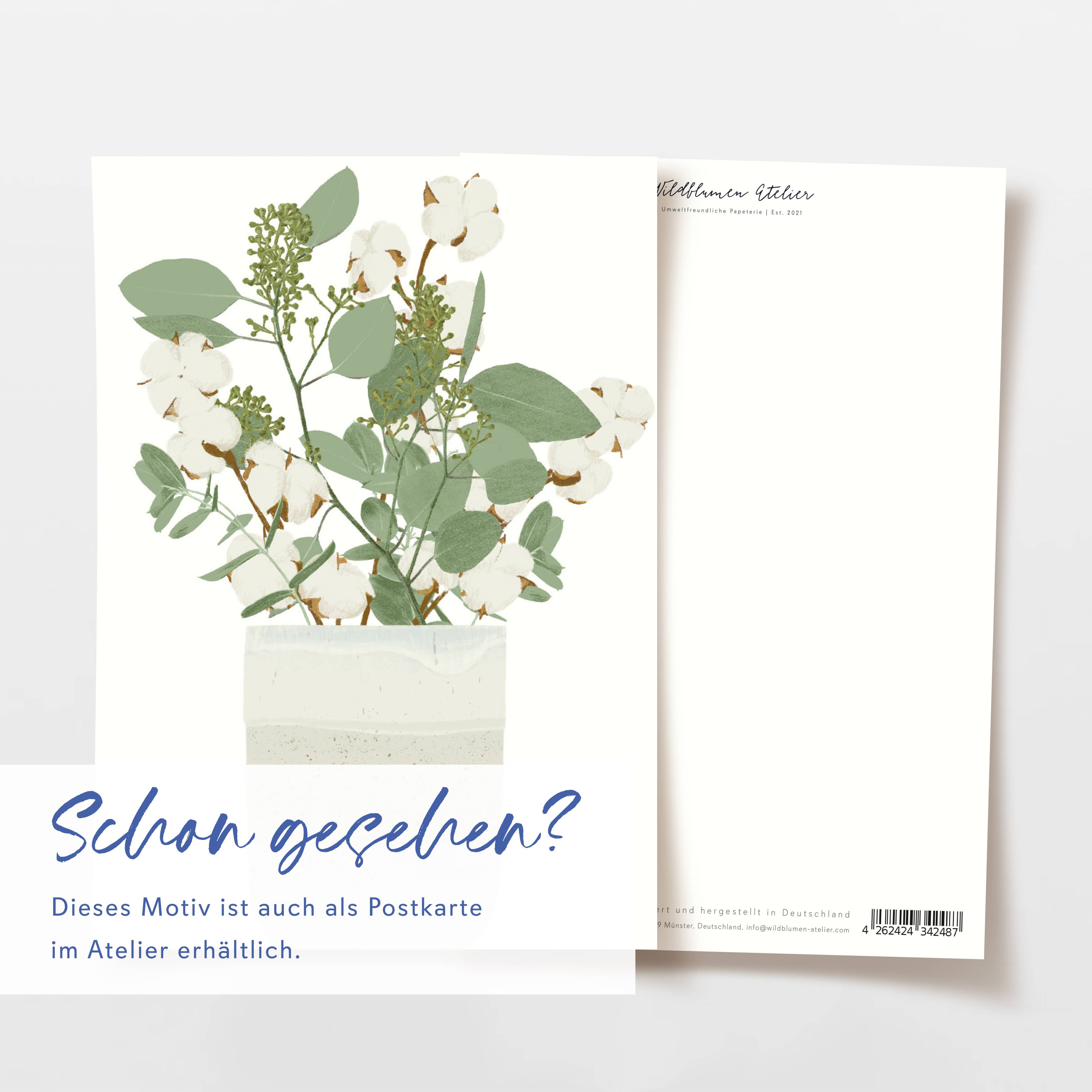 Wildblumen Atelier - Wholesale Wedding Card - Folded card: vase, eucalyptus, cotton, with envelope, FSC4