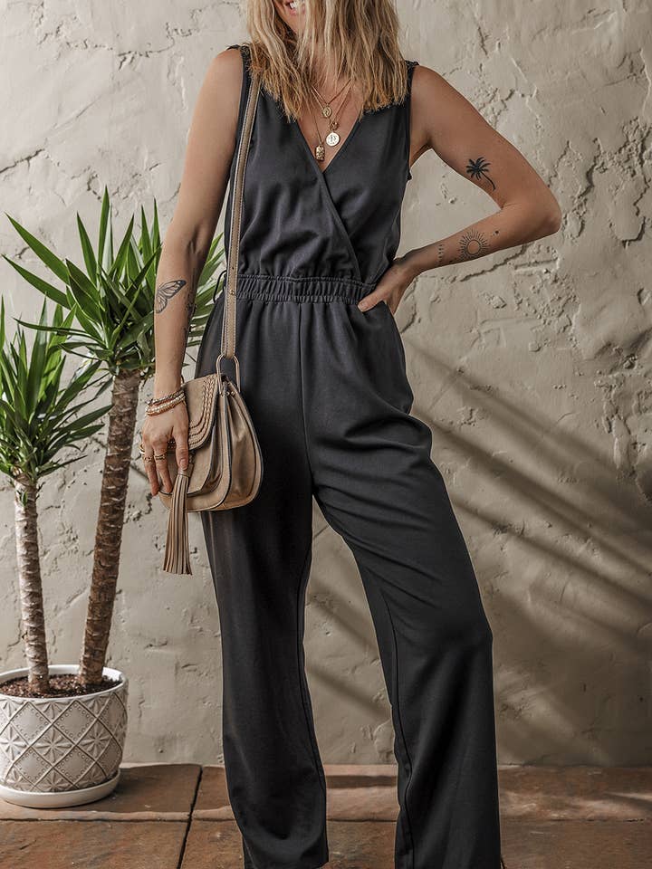 Wrap V Neck Sleeveless High Waist Jumpsuit for wholesale by FULL TIME PURCHASE
