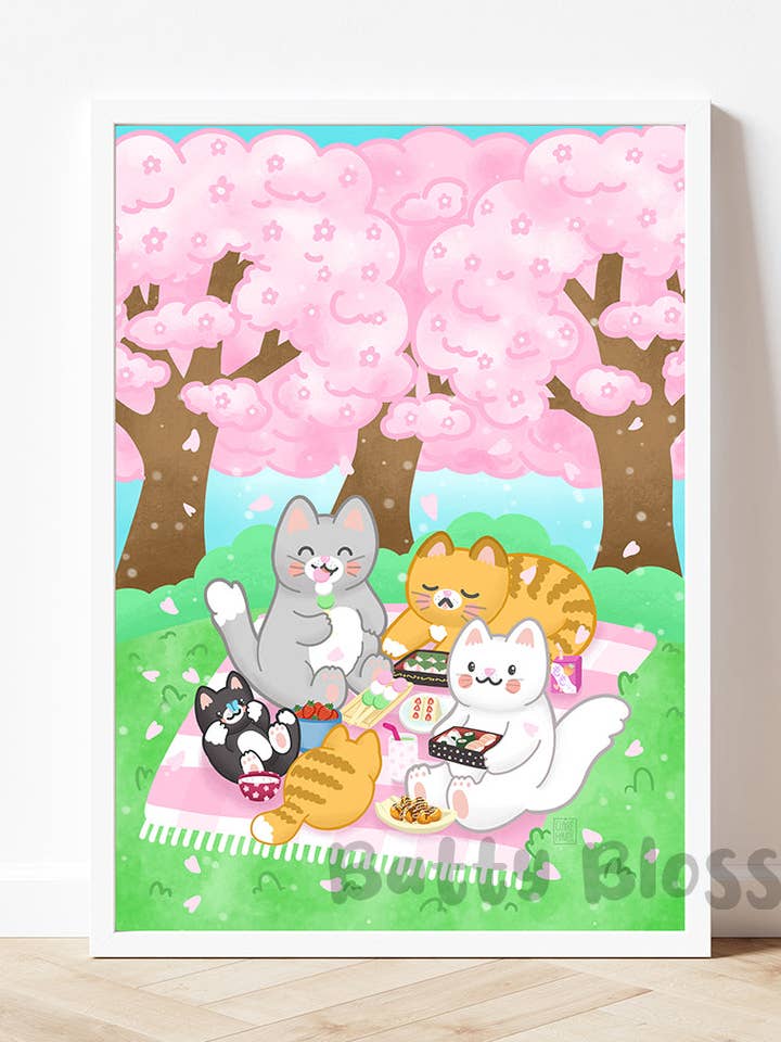 Hanameow Cherry Blossom Cats Print for wholesale by Batty Blossoms