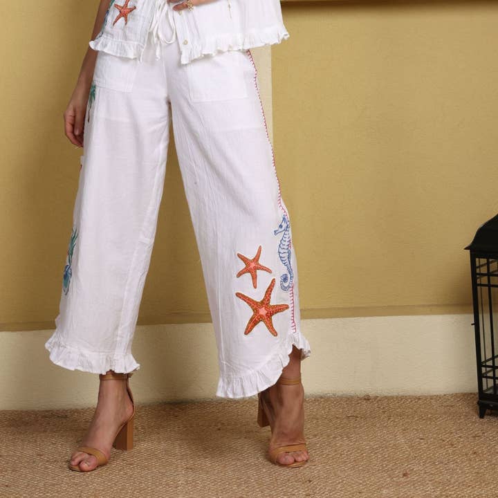 White 4031 Ocean Themed Palazzo Pant for wholesale on Faire