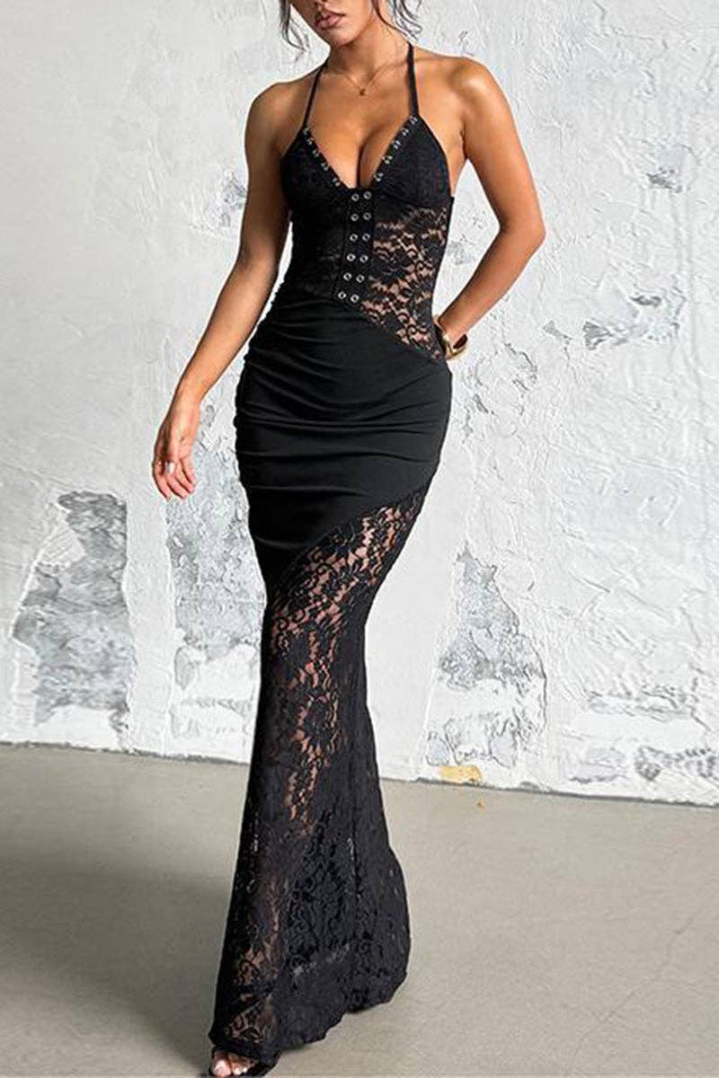 BLACK Halter Neck Ruched Lace Maxi Dress for wholesale on Faire0
