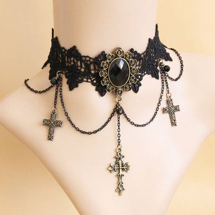 Black Delicate Chain Cross Gothic Laced Choker for wholesale on Faire