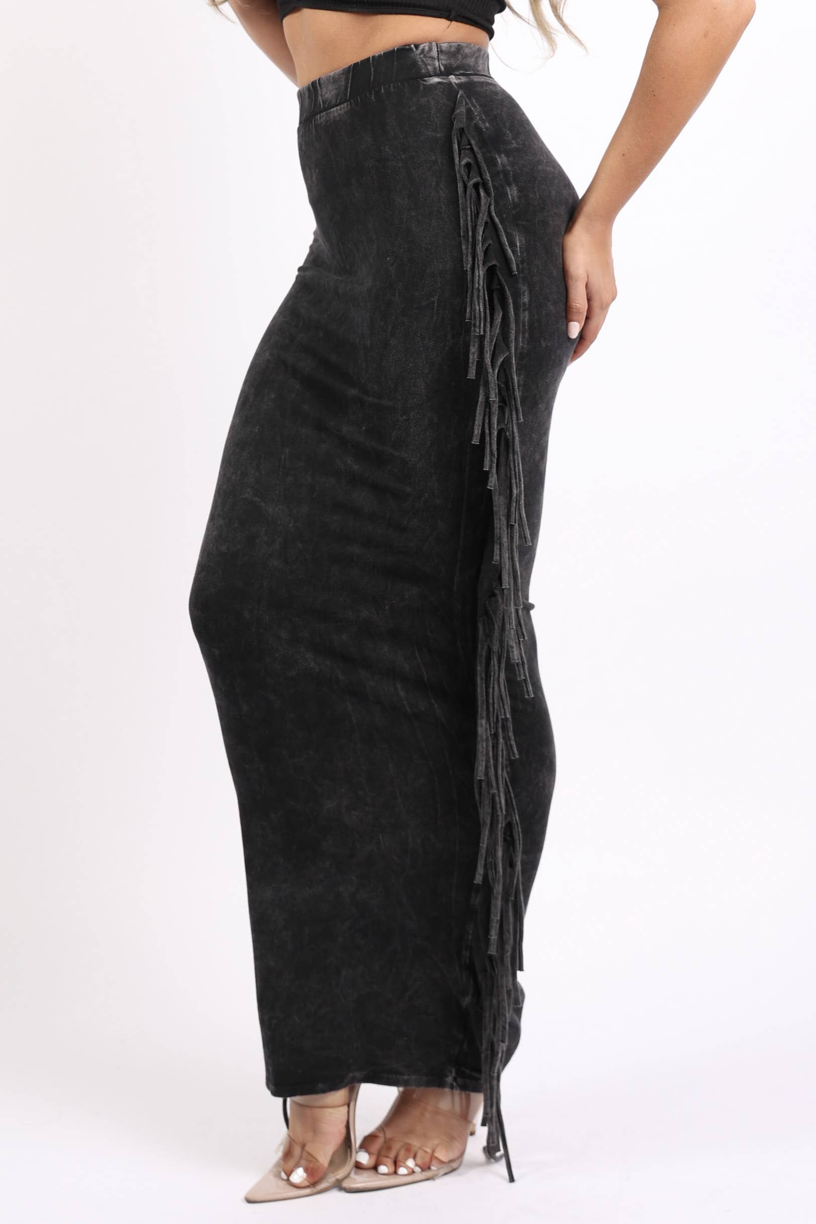 K Too - Vente Jupe – femme - Jupe longue à franges délavées minérales6