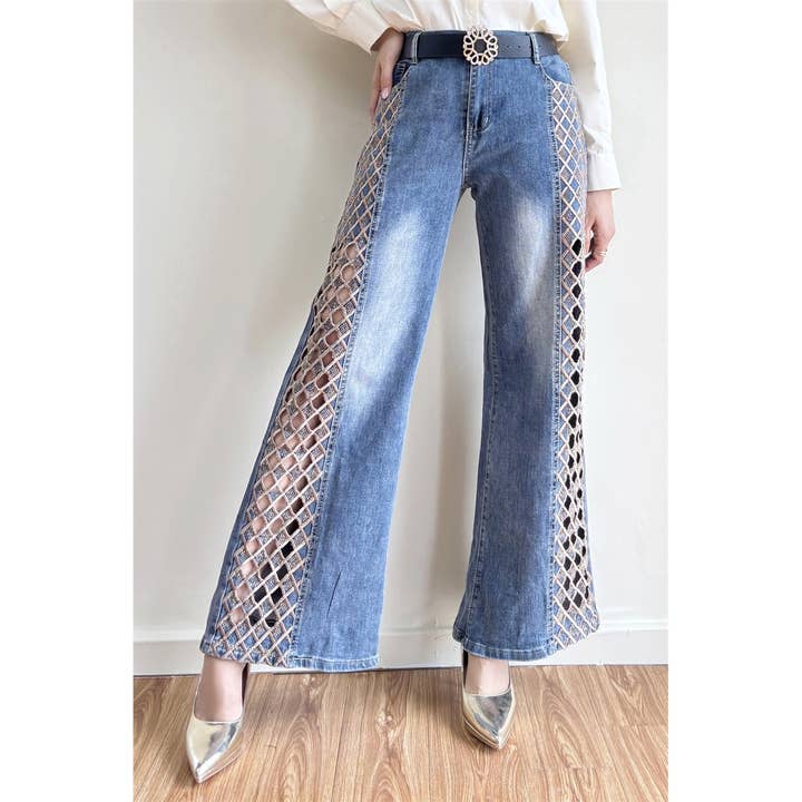 X0069LP Lattice Rhinestone Wide Leg Jeans for wholesale by XHHH Inc