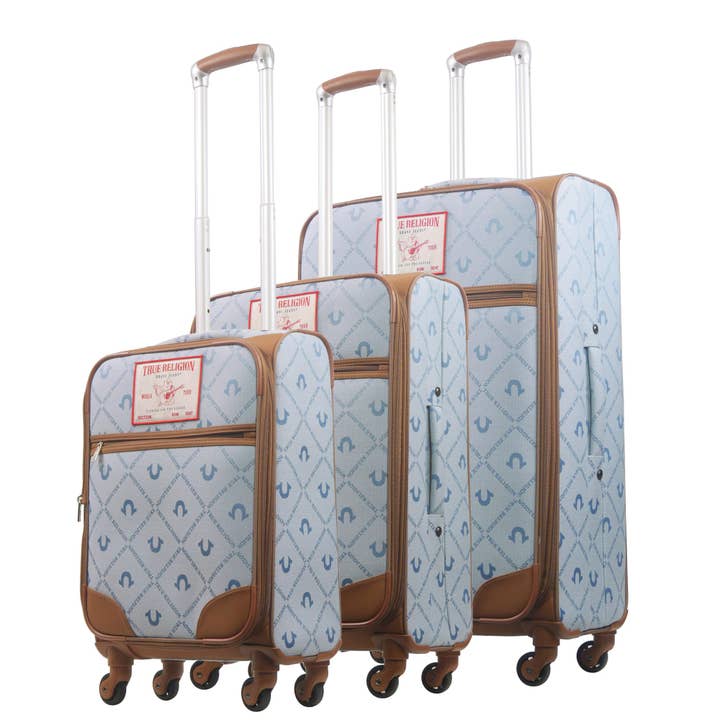 True Religion Soft Sided 3 pc spinner Luggage Set, DENIM for wholesale by True Religion