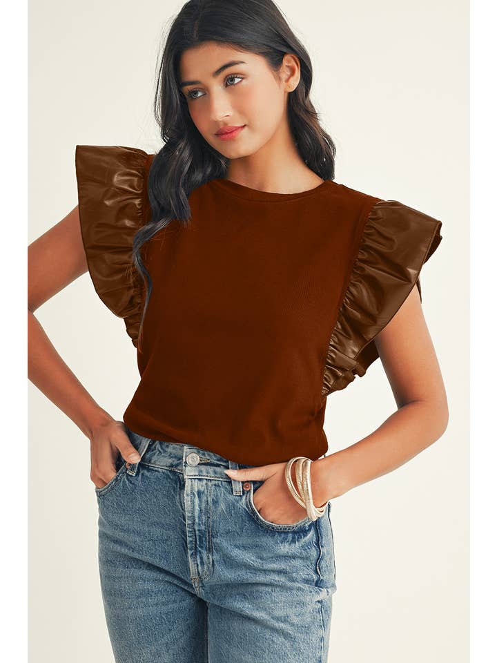 Little Daisy Closet - Wholesale Blouse - Women's - LDC Leather Ruffle Shoulder Plain Blouse