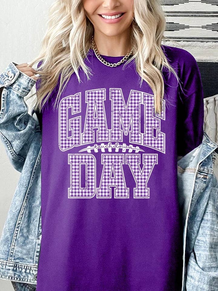 Camiseta de Algodón Grueso Plus para el Día del Partido a Cuadros Morados para venta al por mayor de COLORBEAR