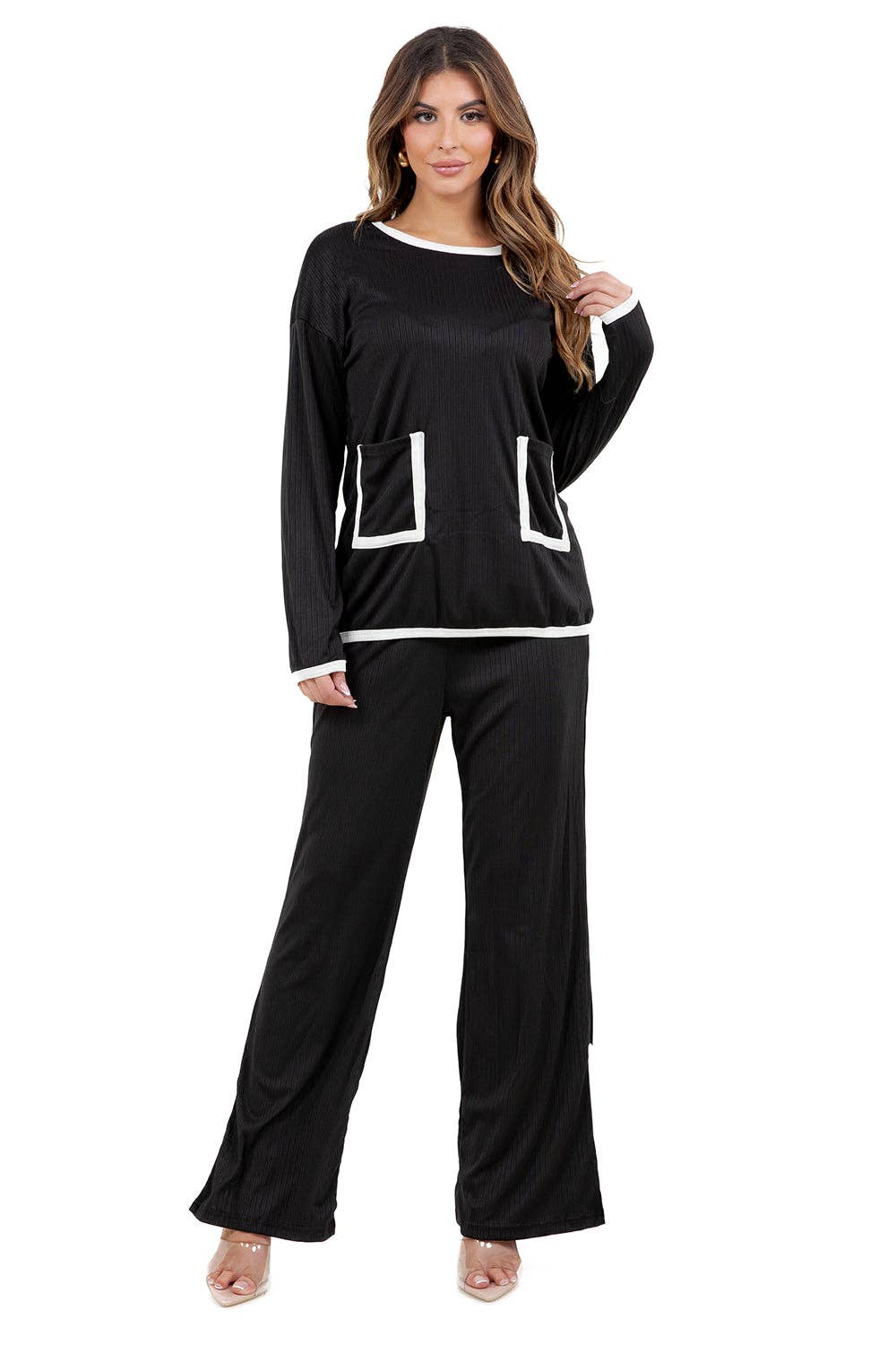 Black WOMEN FASHION TWO PIECE CASUAL PANT SET for wholesale on Faire2