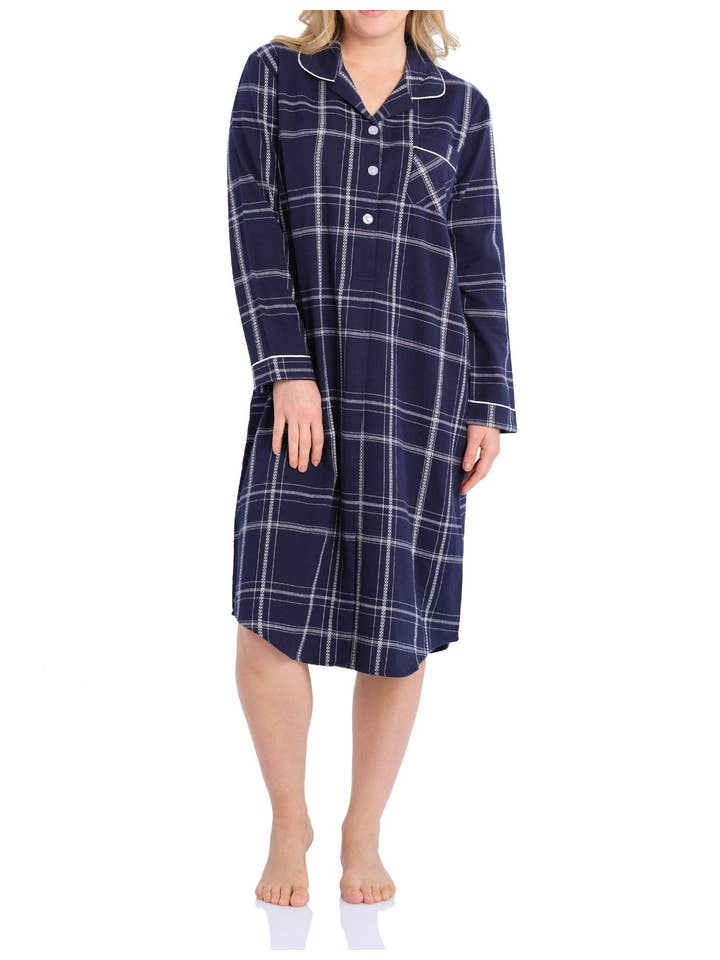 Magnolia Lounge – wholesale Nightshirt – Women's – Evening Check Flannelette Cotton Midi Nightshirt