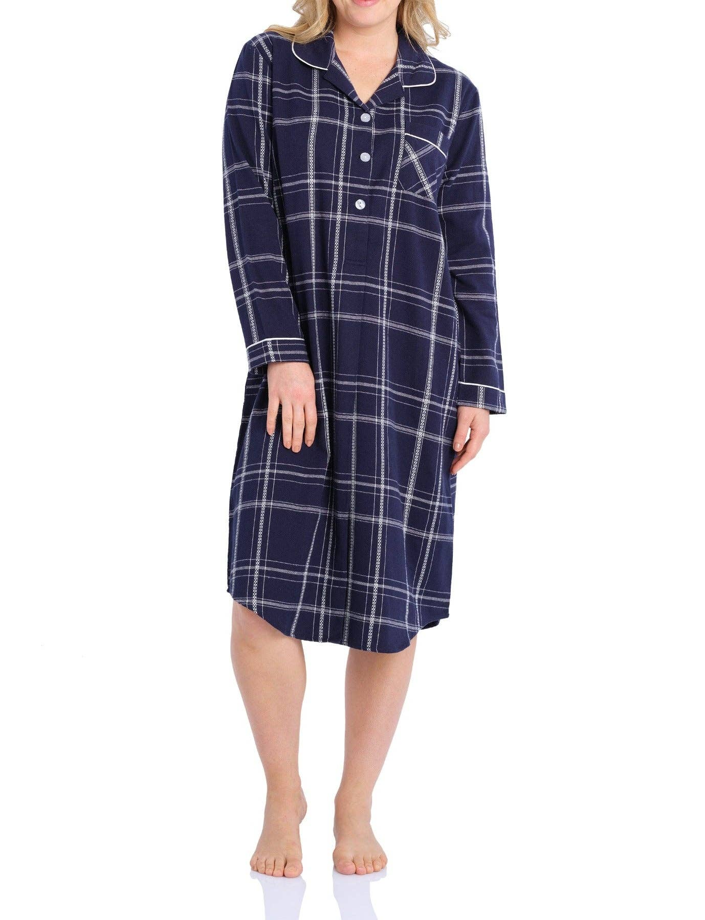 Magnolia Lounge - Wholesale Nightshirt - Women's - Evening Check Flannelette Cotton Midi Nightshirt