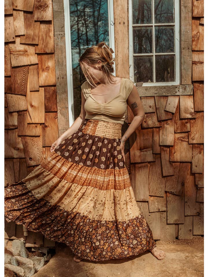 Gardenbelle Shop - Wholesale Skirt - Women's - Bohemian Earthy Print Tiered Maxi Skirt, Hippie Boho Dress