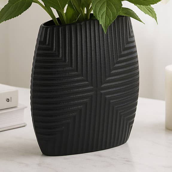 Metal Geometric Ribbed Textured Vase - Matte Black, 10 in. for wholesale by Sagebrook Home