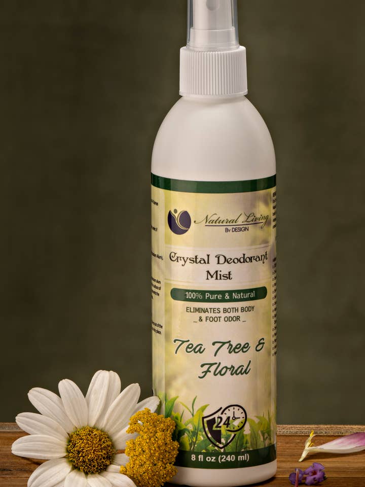 Tea Tree & Floral Crystal Deodorant Mist Spray for wholesale by Natural Living by Design II, LLC