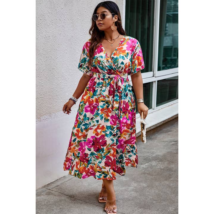 MULTI Plus Size Floral Print Cross Belt Fit Dress for wholesale on Faire