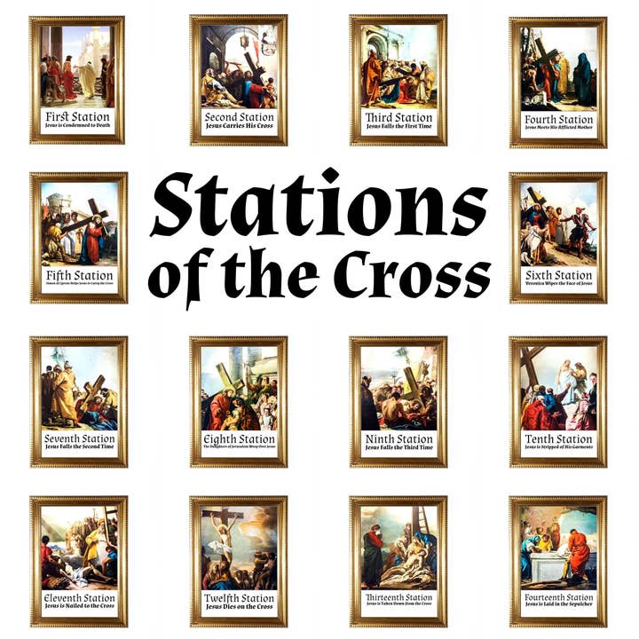 Stations of the Cross, Set of 14 Hand-Framed 5x7 Prints—Original Design with Restored Antique Artwork—Gold Frame for wholesale by SercelPress