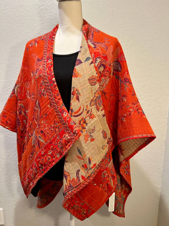 Ladies Boiled Wool Reversible Poncho Cape Tangerine/Beige for wholesale by In Style Scarves