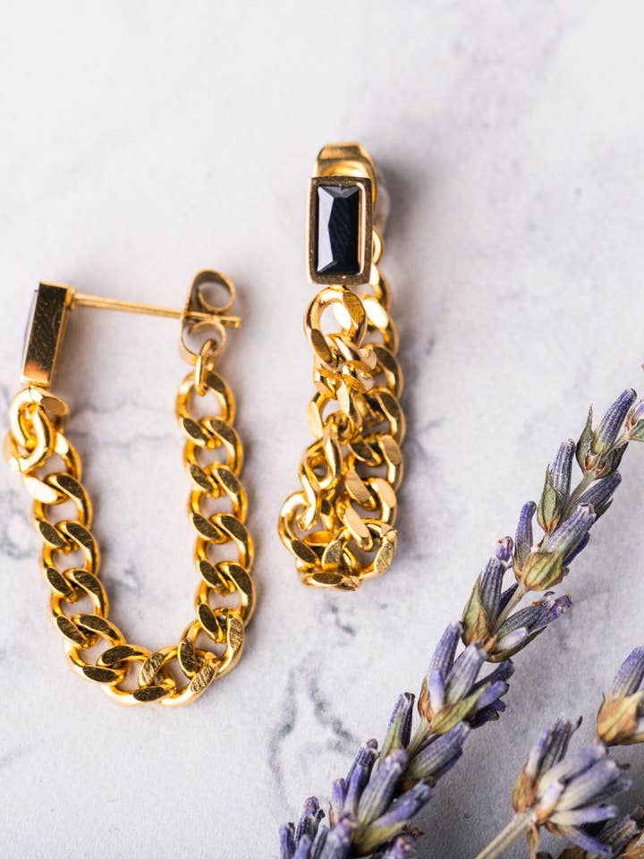 Brincos de corrente de gota retangular preta por atacado de Bella Poise