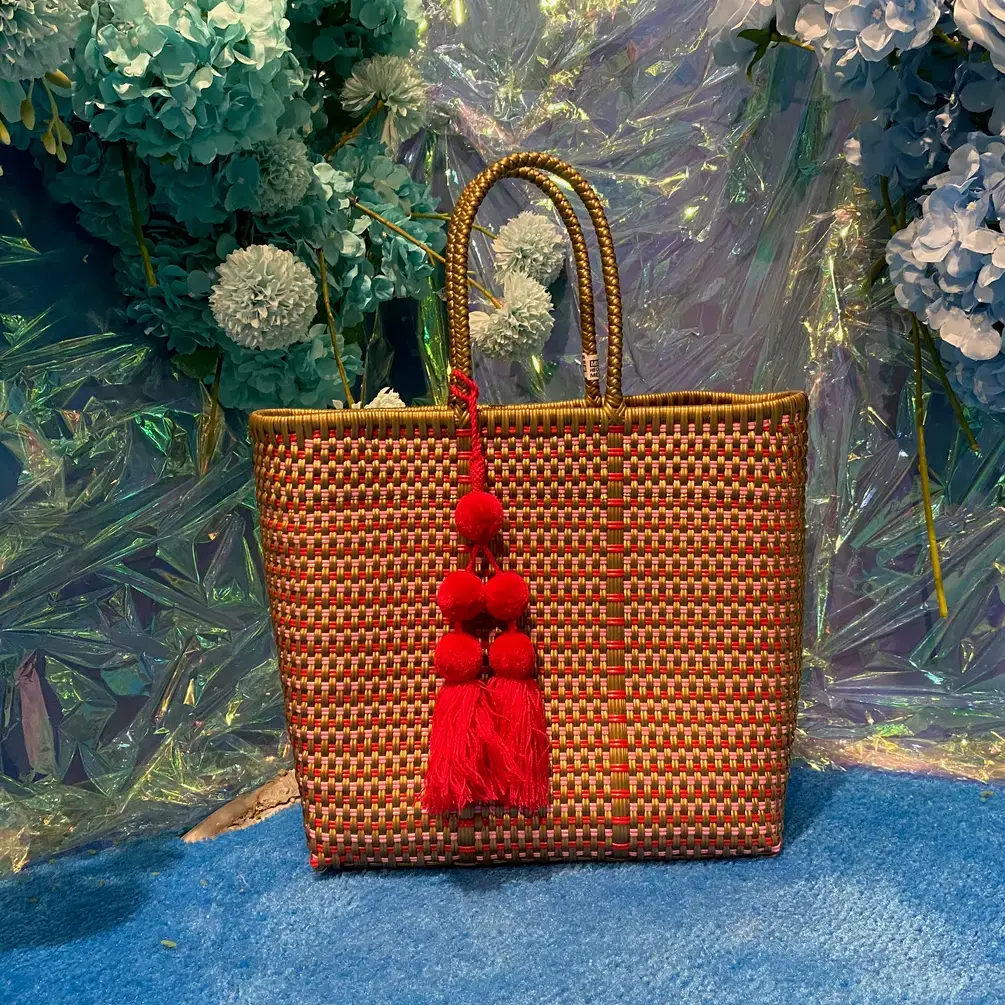 The Faria - Wholesale Beach Bag - Gold and Pink Handwoven recycled plastic beach Bags  0