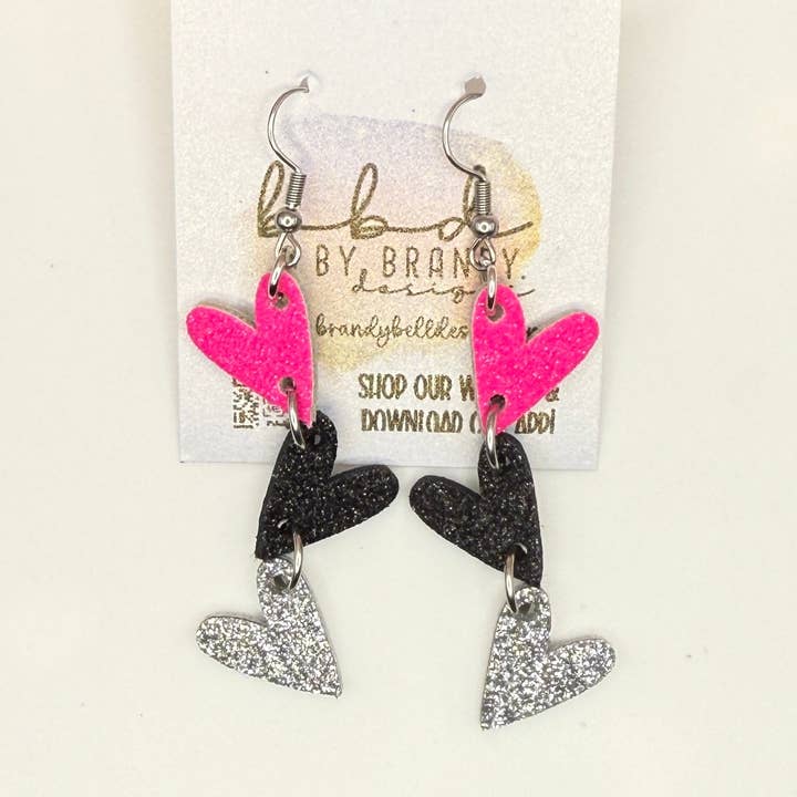 LINKED HEARTS - Tiny Hearts Collection || Leather Earrings || <BR> NEON PINK, FINE BLACK, & FINE SILVER GLITTER ON THICK LEATHER for wholesale by Brandy Bell Design