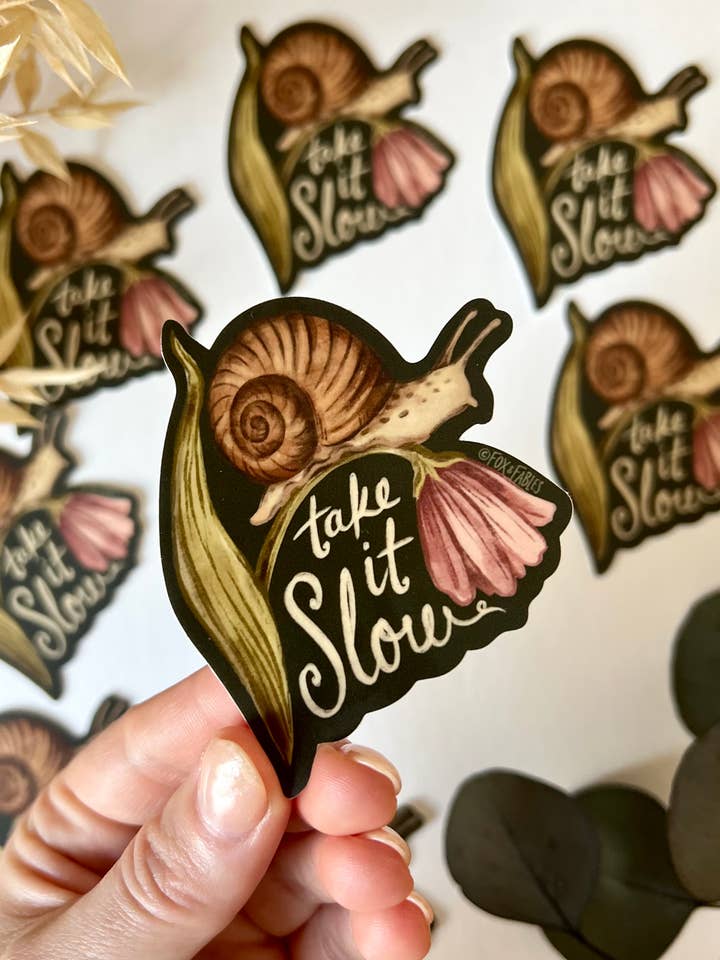 Take it Slow Snail, Floral Vinyl Sticker for wholesale by Fox & Fables