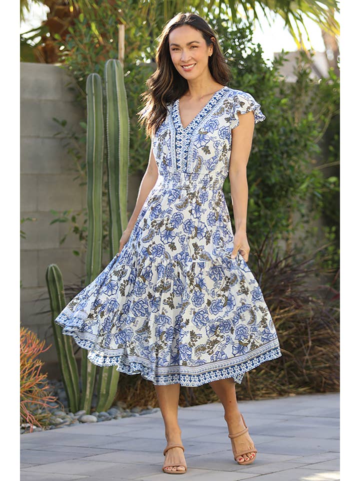 Nostalgia - Wholesale Dress - Women's - E1S44-A944 V NECK MIDI DRESS WITH SMOCKED WAIST