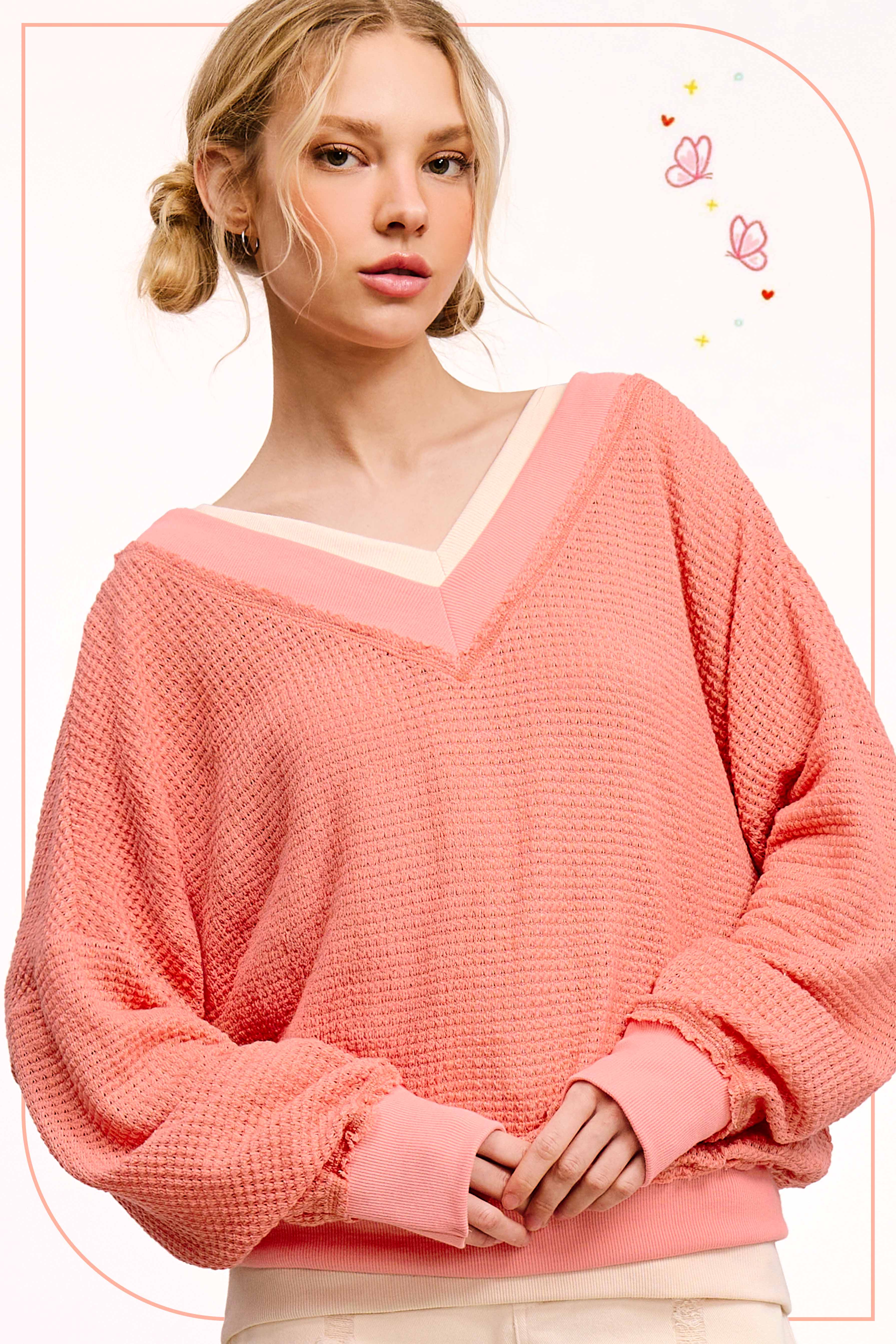 La Miel – Großhandel Strickoberteil – Damen – JLT7410-Langarmshirt mit Waffelstruktur und V-Ausschnitt in lockerer Passform19