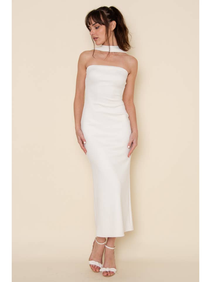 White ELEGANT BRIDAL HALTER NECK OPEN BACK MIDI DRESS-DD9945FO for wholesale on Faire