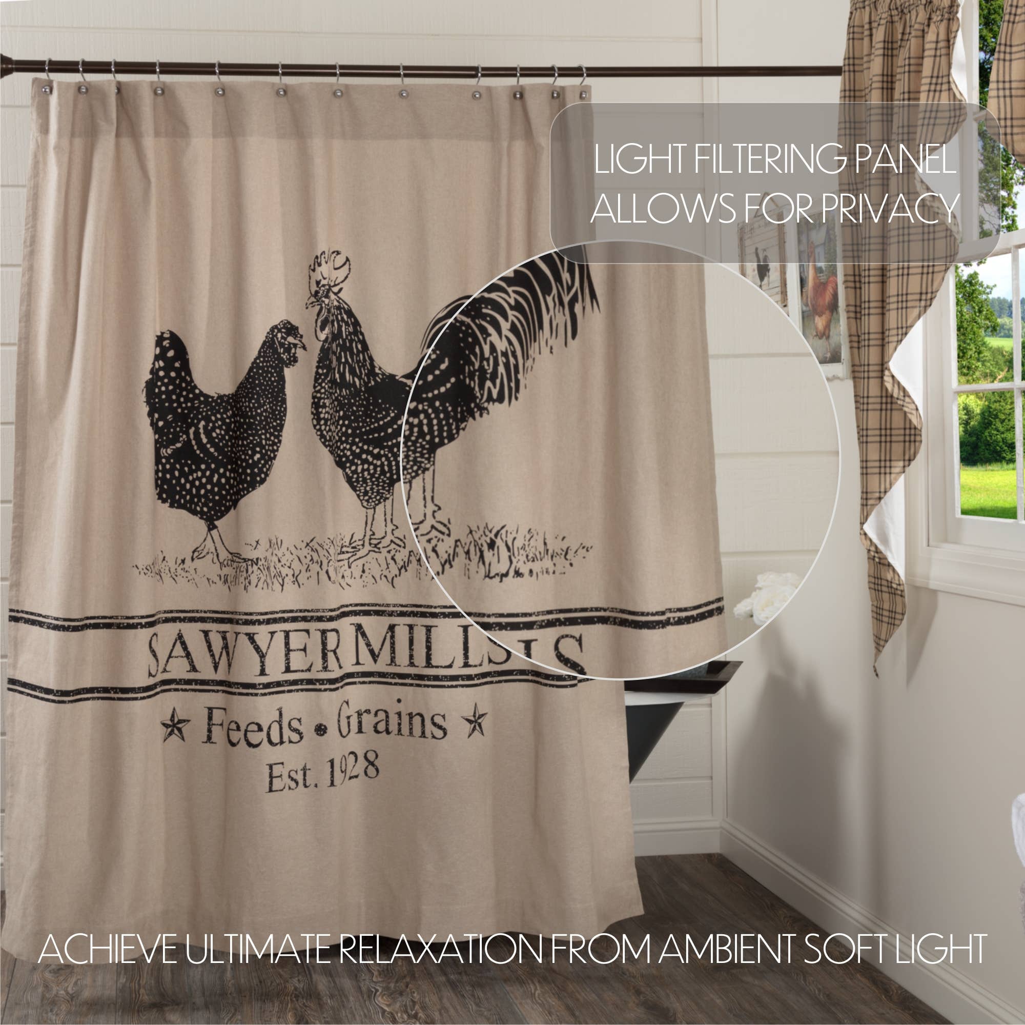 VHC Brands - Wholesale Shower Curtain - Sawyer Mill Charcoal Poultry Shower Curtain 72x723