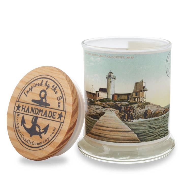 Vintage Postcard Candle - Eastern Point Light for wholesale by Rockport Candle Company